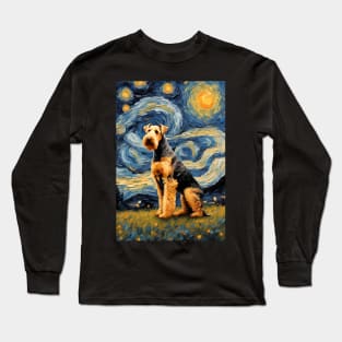 Adorable Airedale Terrier Dog Breed Painting in a Van Gogh Starry Night Art Style Long Sleeve T-Shirt